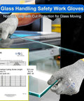 Cut Resistant Work Gloves ANSI A5 EN388 Level 4 Breathable PU Coated Grey Non Marking For Gardening Fishing Automotive Construction And Woodworking Medium Size One Pair shown handling glass safely.