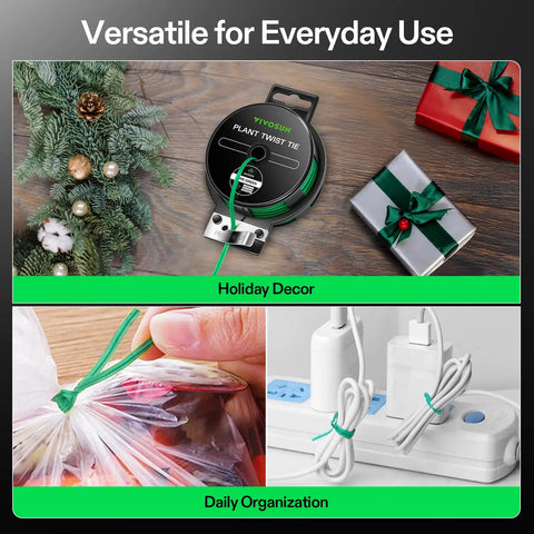 164 Ft PE Coated Green Plant Ties With Cutter for versatile holiday decor and cable organization displayed in use
