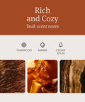 Drift car wood air freshener starter kit with teak scent; collage showing teakwood grain, amber resin, and cedar atlas textures.