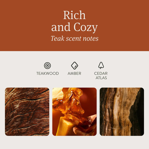Drift car wood air freshener starter kit with teak scent; collage showing teakwood grain, amber resin, and cedar atlas textures.