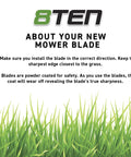 Instructions for using 8TEN mower blades with tips for correct installation and benefits of powder coating.