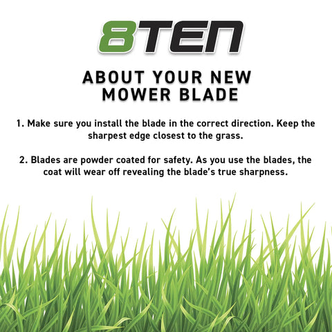 Instructions for using 8TEN mower blades with tips for correct installation and benefits of powder coating.