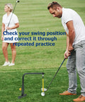 Golfer using backyard golf swing training aid with adjustable height alignment stand; focus on swing simulator's error correction system.