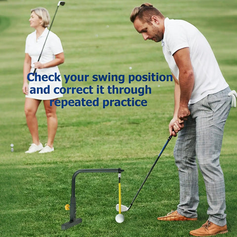 Golfer using backyard golf swing training aid with adjustable height alignment stand; focus on swing simulator's error correction system.