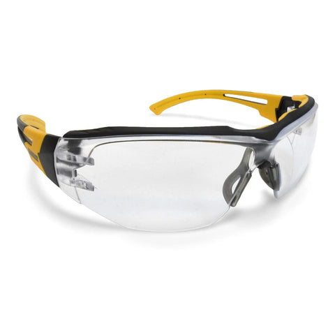 Lightweight Safety Glasses With Antifog Clear Lenses offer heavy duty wraparound coverage in clear with yellow accents.