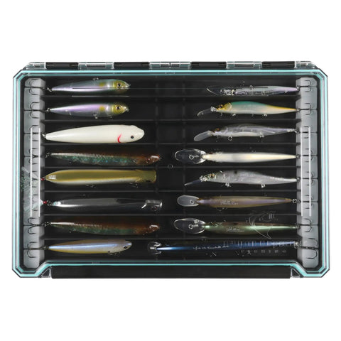 BallistiX Twitch Tackle Tray For Jerkbaits And Topwaters Waterproof Lure Box with clear lid showing eight compartments.