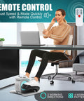 Woman using Under Desk Elliptical Machine For Home Office Use, Super Quiet Electric Leg Exerciser with remote on the floor.