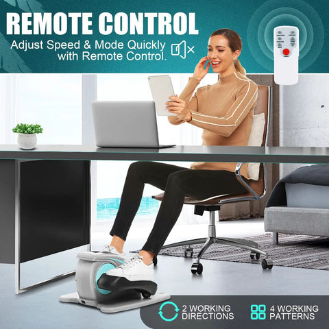 Woman using Under Desk Elliptical Machine For Home Office Use, Super Quiet Electric Leg Exerciser with remote on the floor.