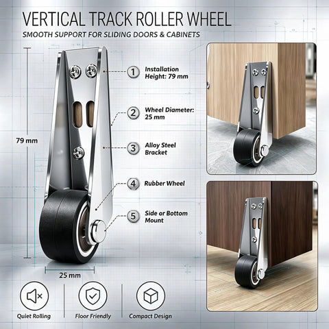 Bulletproof Heavy Duty Vertical Track Roller Wheel Zero Wiggle Anti Shake Door Guidance System For Smooth Gliding Barn Doors Cabinet Runners Wood Furniture Panels Two Pack showing installation height and wheel diameter.