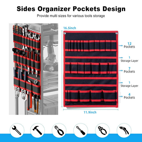 Power Tool Organizer Cart With Charging Station On Wheels Eight Outlet Power Strip Built In Battery Storage Garage Floor Rolling Rack Heavy Duty Metal Utility Cart Red with side tool organizer pockets.