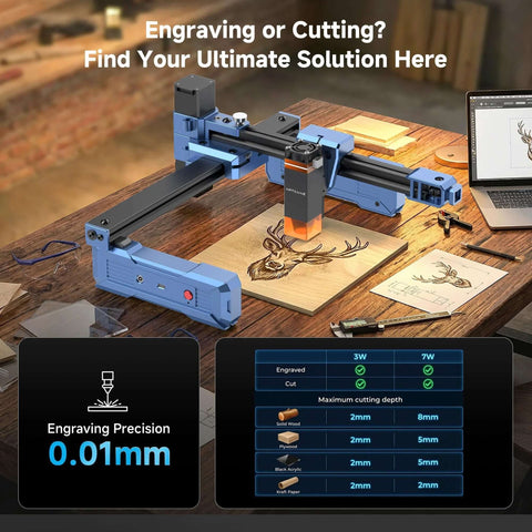 Artilume T1 laser engraver front view, blue frame; engraving wood on 200x150mm workspace.