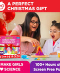 Woman and girl using Girls First Science Kit For Ages 4 To 8, STEM Toy With 100 Plus Experiments, laughing together at table.