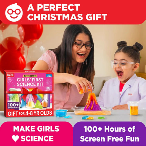 Woman and girl using Girls First Science Kit For Ages 4 To 8, STEM Toy With 100 Plus Experiments, laughing together at table.