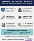 Diagram showing compatibility of One Click Data Recovery Stick for Windows with USB drives, SD cards, and more.