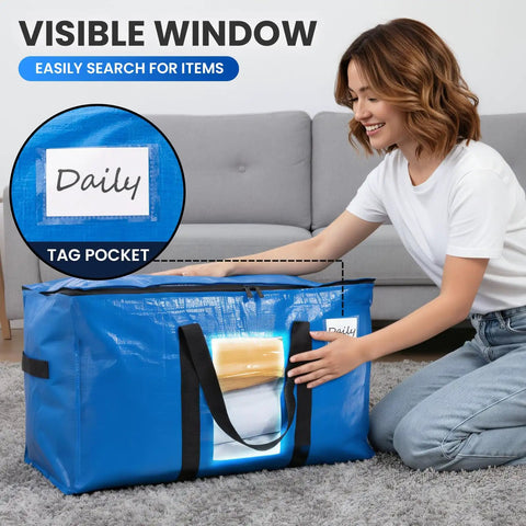 Extra Large Moving Bags 4 Pack Heavy Duty Storage Totes With See Through Window And Wraparound Handles in blue with label pocket