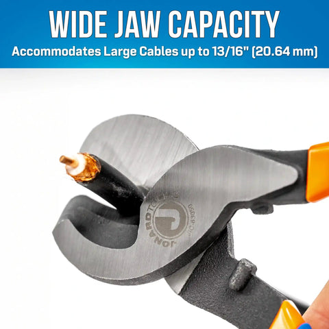 Heavy Duty High Leverage Cable Cutter With Knuckle Safe Flared Handles And Tough As Nails Chrome Vanadium Steel Blades, cutting large black cable.