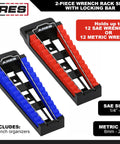 Gotta Keep Your Shop Super Tidy With This Heavy Duty 2 Piece Wrench Holder Rack Set Featuring Slam Lock Grips For SAE And Metric Tools Wall Mount Garage Organizers, showcasing blue and red racks.