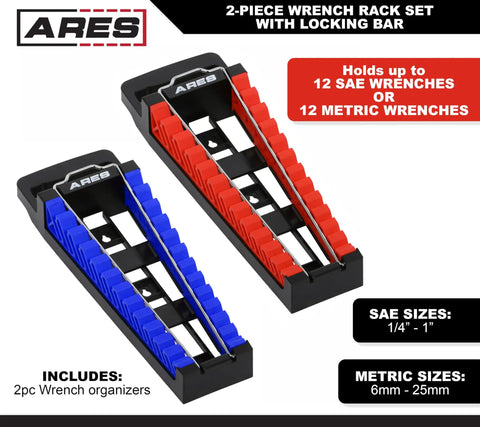Gotta Keep Your Shop Super Tidy With This Heavy Duty 2 Piece Wrench Holder Rack Set Featuring Slam Lock Grips For SAE And Metric Tools Wall Mount Garage Organizers, showcasing blue and red racks.