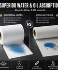 Killer Hella Low Lint Cleanroom Wipe Rolls For PCB Boards And Precision Equipment, Top Shelf Dustless Industrial Wiping Paper With Strong Tensile Grip, 500 Sheets Per Roll Tough Composite Design Blue Option shown absorbing liquid.