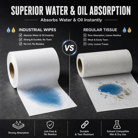 Killer Hella Low Lint Cleanroom Wipe Rolls For PCB Boards And Precision Equipment, Top Shelf Dustless Industrial Wiping Paper With Strong Tensile Grip, 500 Sheets Per Roll Tough Composite Design Blue Option shown absorbing liquid.