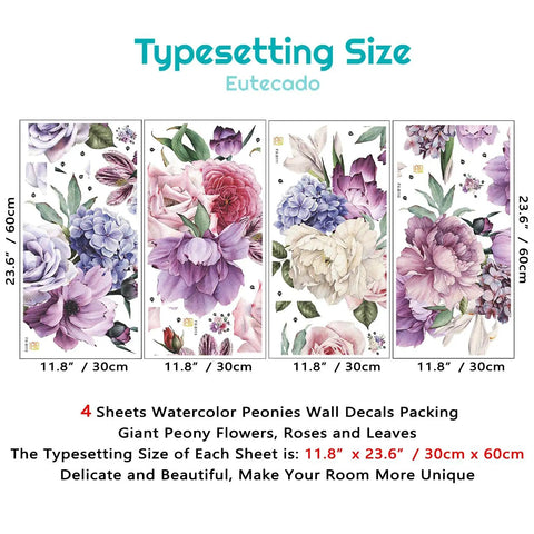 Giant Peony Wall Decals Four Piece Set With Watercolor Rose Blooms, floral art displayed in four sheets, each 11.8x23.6 inches.