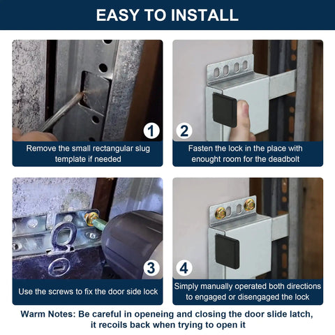 Installation steps for 4 Pack Heavy Duty Galvanized Steel Garage Door Side Lock Latch Inside Double Deadbolt Assembly.