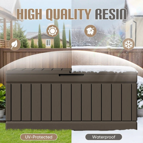 78 Gallon Outdoor Deck Box Large Resin Storage Box For Patio Cushions Garden Tools And Yard Gear With Lockable Lid Weatherproof And UV Resistant Brown Durable Construction For Easy Rainy Day Storage shown in garden setting with snow and greenery.