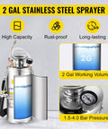 2-Gallon Stainless Steel Hand Pump Sprayer With 20-Inch Wand And 3-Foot Reinforced Hose displayed with pressure gauge and water level indicator