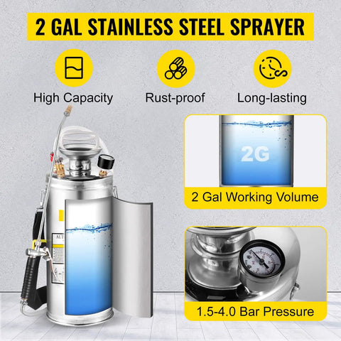 2-Gallon Stainless Steel Hand Pump Sprayer With 20-Inch Wand And 3-Foot Reinforced Hose displayed with pressure gauge and water level indicator