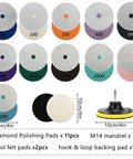 Pro Grade Rock Solid 15 Piece Diamond Polishing Pad Kit For 4 Inch Surfaces With Grits 50 100 200 400 600 800 1000 1500 2000 3000 6000 Includes Wool Buffing Pads Hook And Loop Backing Pad And M14 Mandrel Adapter For Angle Grinders shown