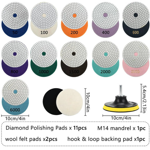 Pro Grade Rock Solid 15 Piece Diamond Polishing Pad Kit For 4 Inch Surfaces With Grits 50 100 200 400 600 800 1000 1500 2000 3000 6000 Includes Wool Buffing Pads Hook And Loop Backing Pad And M14 Mandrel Adapter For Angle Grinders shown