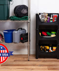 Jumbo Stackable Storage Bins Pack Of 3 With Large Easy Grip Handles And Wide Front Opening For Quick Access Interlocking And Vertical Stacking Heavy Duty Rust And Water Resistant Black shown in use in garage setting