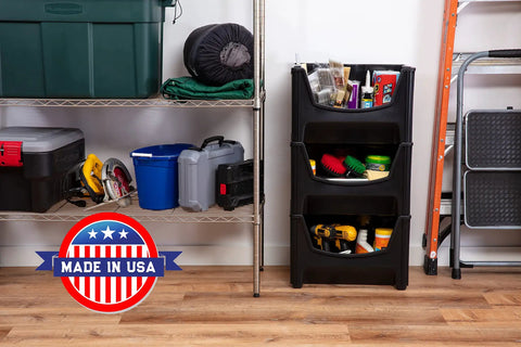 Jumbo Stackable Storage Bins Pack Of 3 With Large Easy Grip Handles And Wide Front Opening For Quick Access Interlocking And Vertical Stacking Heavy Duty Rust And Water Resistant Black shown in use in garage setting