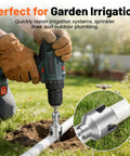 Person using Rock Solid 4 In 1 PVC Pipe Threader Tool for 1/2 and 3/4 inch pipes in garden irrigation.
