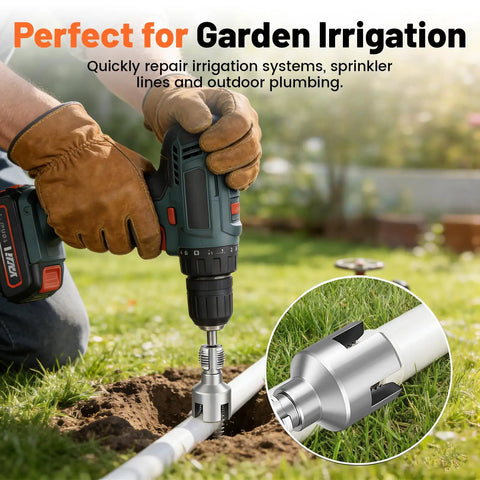 Person using Rock Solid 4 In 1 PVC Pipe Threader Tool for 1/2 and 3/4 inch pipes in garden irrigation.