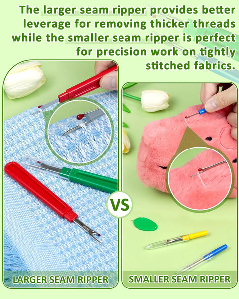 Comparison of larger and smaller seam rippers from All-In-One Sewing Seam Ripper Kit With 2 Large And 2 Small Rippers.