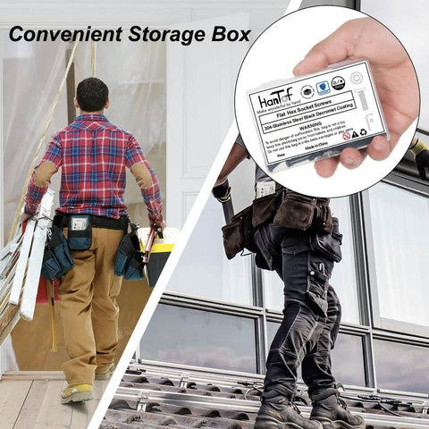 M8 X 40MM 25 Pack Flat Head Hex Socket Cap Screws Built Tough To Resist Wear In 304 Stainless Steel With Black Coating For Furniture Assembly That Finally Gets The Job Done Right, showcased in a convenient storage box.