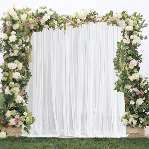 Outdoor Mosquito Net For Porch, Patio, Gazebo 2 Panels Waterproof Sheer Tulle Curtains, Mesh Privacy Drapes With DIY Adjustable Length, White, 118 By 98 Inches installed on floral arch.