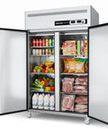 Totally Legit Commercial Upright Freezer Refrigerator Combo With Dual Temp Zones And 36 Cubic Feet Of Hella Spacious Stainless Storage filled with drinks, fruits, and meats.
