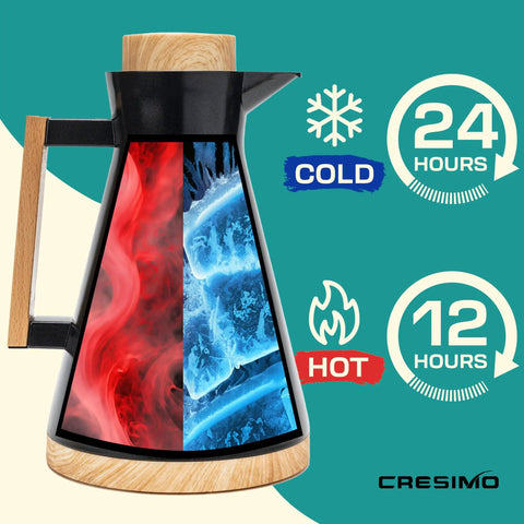 Vacuum Insulated Thermal Carafe 34 Oz Keeps Coffee Hot for 12 Hours with Glass Wall and Beech Wood Accents