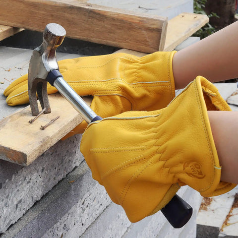 Leather Work Gloves For Men And Women, Heavy Duty Cowhide Gardening Gloves With Puncture And Cut Resistant Protection in use