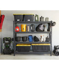 Beefy Heavy Duty Four Tier Industrial Steel Shelving Unit with 8,000-Pound Total Capacity in garage, storing tools and bins.