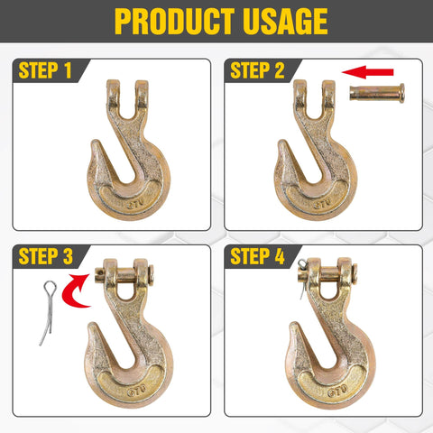 Usage steps for Quarter Inch Clevis Grab Hooks Four Pack Beefy Heavy Duty Chain Hooks For Grade 70 Chains.