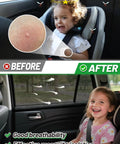 Stretchy Mesh Window Shades For SUVs 4 Pack Sun Screen Covers. Before and after comparison with child in car seat.