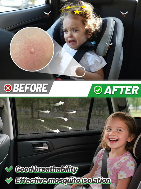 Stretchy Mesh Window Shades For SUVs 4 Pack Sun Screen Covers. Before and after comparison with child in car seat.