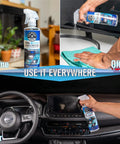 All In One Interior Cleaner And Protectant For Cars, 16 Oz Two Pack, Safe On Leather Vinyl Plastic Rubber And Glass, Delivers A Fresh Showroom Finish For Dash And Interior Surfaces. Bottle spray on TV and car dashboard.