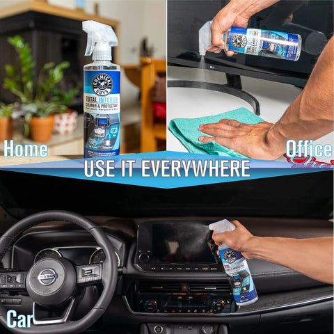All In One Interior Cleaner And Protectant For Cars, 16 Oz Two Pack, Safe On Leather Vinyl Plastic Rubber And Glass, Delivers A Fresh Showroom Finish For Dash And Interior Surfaces. Bottle spray on TV and car dashboard.