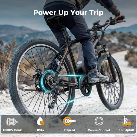 Rider on a Powerful 1000W Peak Motor Electric Bike for Adults With 26 Inch Tires, Removable Battery, Front Fork Suspension on trail