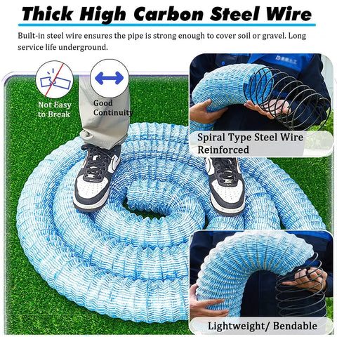 Perforated Landscape Drainage Tubing With No Clog Nonwoven Filter Sleeve And Spiral Steel Wire DIY Friendly Flexible French Drain Hose coiled on grass.