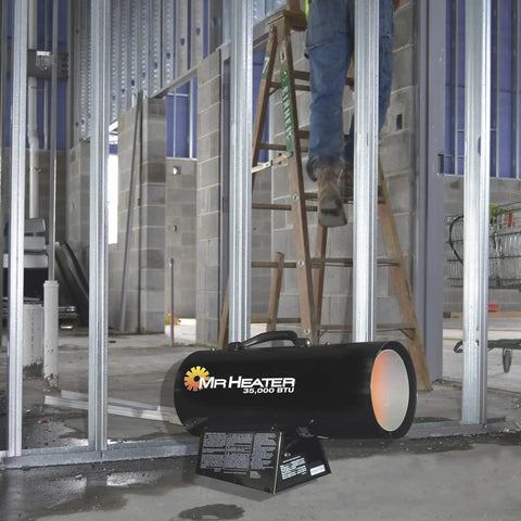 Propane Forced Air Heater 35,000 BTU for small shops on construction site, includes 10 foot hose, 800 sq ft coverage, 12-hour runtime